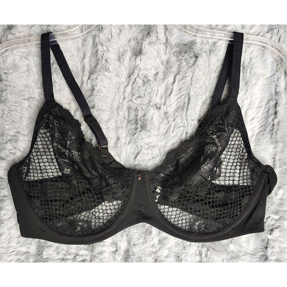 Le Mystère Lace Allure Unlined Underwire Bra Size 36D Black Fishnet Le Mystere